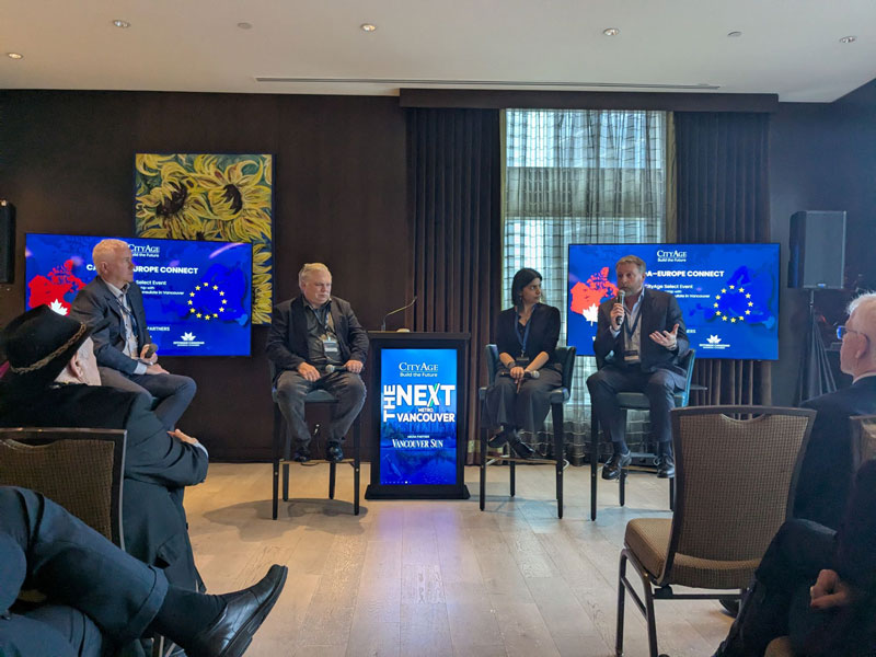 Stuart Bowyer speaks during the “Canada–Europe Connect” panel at CityAge’s The Next Vancouver summit, alongside fellow panelists discussing global collaboration in health innovation.