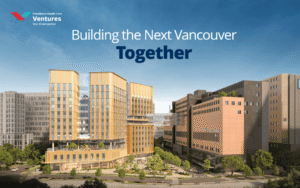 Architectural rendering of the new St. Paul’s Hospital and Clinical Support and Research Centre in Vancouver, with the headline “Building the Next Vancouver Together” and the Providence Health Care Ventures logo.