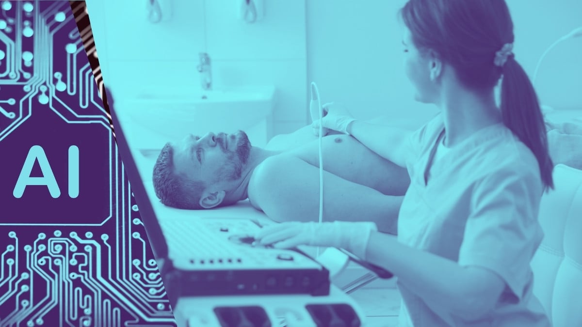 A clinician using an ultrasound device or echocardiography probe on a patient.