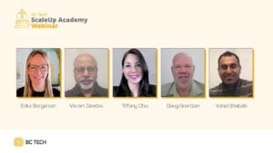 Vikram Devdas moderating a health innovation panel at BC Tech’s Scaleup Academy, speaking on scaling impact in BC’s HealthTech ecosystem.