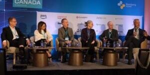 Brian Simmers speaking at the Canada Health Innovation Summit in Montreal, participating in a panel on national health care innovation.