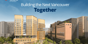 Architectural rendering of the new St. Paul’s Hospital and Clinical Support and Research Centre in Vancouver, with the headline “Building the Next Vancouver Together” and the Providence Health Care Ventures logo.