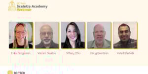 Vikram Devdas moderating a health innovation panel at BC Tech’s Scaleup Academy, speaking on scaling impact in BC’s HealthTech ecosystem.